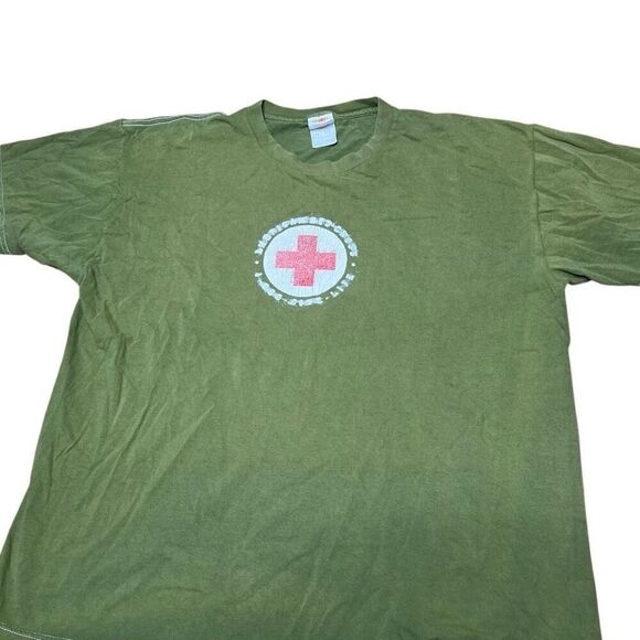 Y2K American Red Cross Green Khaki Skater Shirt Large - Picture 3 of 5